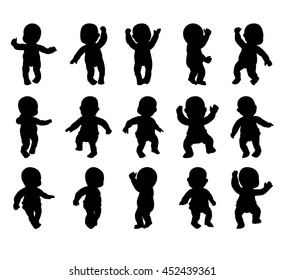 Vector silhouette of small child on a white background. Vector set. Different poses.