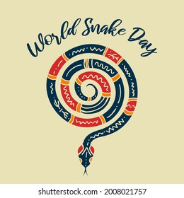 Vector silhouette of a snake with a tribal, ethnic ornament. Snake in a spiral. World Snake Day