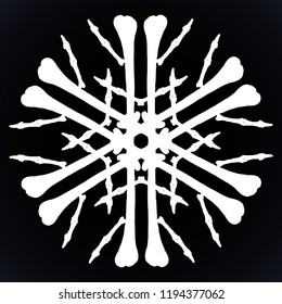 Vector silhouette snowflake made of bones in white isolated over black background.