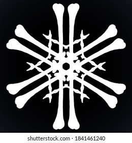 Vector silhouette snowflake made of bones in white isolated over black background.