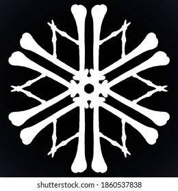 Vector silhouette snowflake made of bones in white isolated over black background.