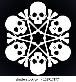 Vector silhouette snowflake made of skulls and bones in white isolated over black background.