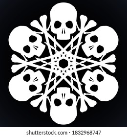 Vector silhouette snowflake made of skulls and bones in white isolated over black background.