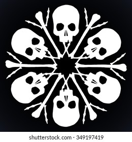 Vector silhouette snowflake made of skulls and bones in white isolated over black background.