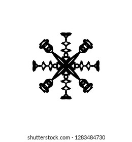 Vector silhouette snowflake, stylized ink drawing, simple brush paint, ornate star, holiday symbol, hand drawn contrast element on white background, gouache strokes, fancy sketch. Print and element