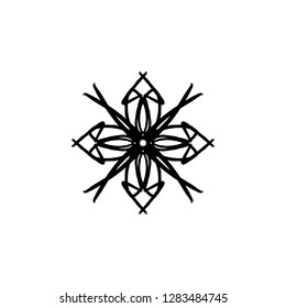 Vector silhouette snowflake, stylized ink drawing, simple brush paint, ornate star, holiday symbol, hand drawn contrast element on white background, gouache strokes, fancy sketch. Print and element