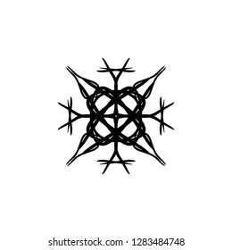 Vector silhouette snowflake, stylized ink drawing, simple brush paint, ornate star, holiday symbol, hand drawn contrast element on white background, gouache strokes, fancy sketch. Print and element