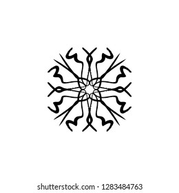 Vector silhouette snowflake, stylized ink drawing, simple brush paint, ornate star, holiday symbol, hand drawn contrast element on white background, gouache strokes, fancy sketch. Print and element