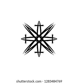Vector silhouette snowflake, stylized ink drawing, simple brush paint, ornate star, holiday symbol, hand drawn contrast element on white background, gouache strokes, fancy sketch. Print and element