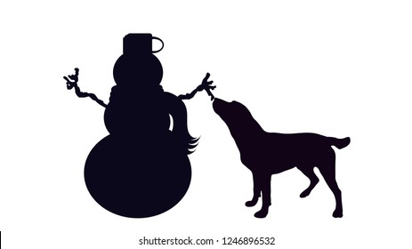 Vector silhouette of snowman with dog.