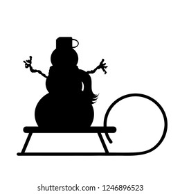 Vector silhouette of snowman with sled.