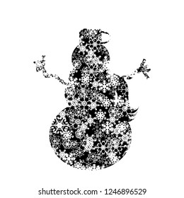 Vector silhouette of snowman with snowflakes.