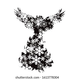 Vector silhouette of snowy angel on white background. Symbol of woman with wings in winter with snowflakes.