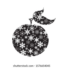 Vector silhouette of snowy apple on white background. Symbol of winter, fruit, food, season, farm, snow, cold, snowflake, Christmas, frost.
