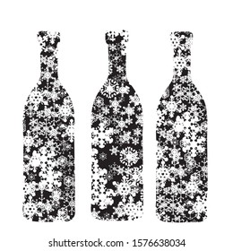 Vector silhouette of snowy bottle on white background. Symbol of winter, wine, season, snow, cold, snowflake, Christmas, frost.