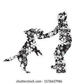 Vector silhouette of snowy boy with his dog on white background. Symbol of winter, child, pet, puppy, home, animal, season, snow, cold, snowflake, Christmas, frost.