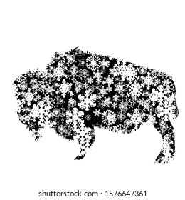 Vector silhouette of snowy buffalo on white background. Symbol of winter, farm, breeding, garden, animal, season, snow, cold, snowflake, Christmas, frost.