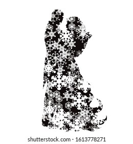 Vector silhouette of snowy couple on white background. Symbol of bride and groom on weeding in winter with snowflakes.
