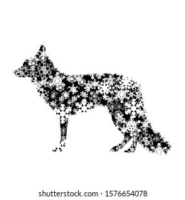 Vector silhouette of snowy fox on white background. Symbol of winter, animal, forest, wild, season, snow, cold, hunt, snowflake, Christmas, frost.