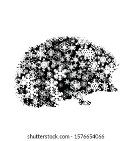 Vector silhouette of snowy hedgehog on white background. Symbol of winter, animal, forest, wild, season, snow, cold, snowflake, Christmas, frost.