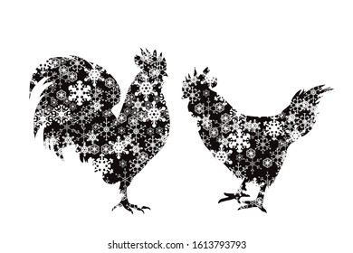 Vector silhouette of snowy hen and rooster on white background. Symbol of poultry in winter with snowflakes.