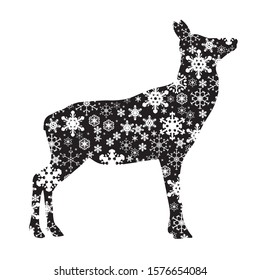 Vector silhouette of snowy hind on white background. Symbol of winter, animal, deer, forest, wild, season, snow, cold, hunt, snowflake, Christmas, frost.