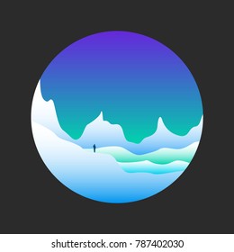 Vector silhouette of snowy mountains with traveler in a circle.