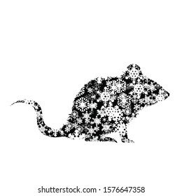 Vector silhouette of snowy mouse on white background. Symbol of winter, animal, rat, pet, season, snow, cold, pest, snowflake, Christmas, frost.
