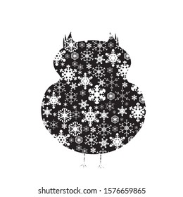 Vector silhouette of snowy owl on white background. Symbol of winter, bird, forest, wild, season, snow, cold, snowflake, Christmas, frost.