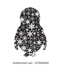 Vector silhouette of snowy penguin on white background. Symbol of winter, animal, Antarctica, season, snow, cold, snowflake, Christmas, frost.