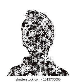 Vector silhouette of snowy profile boy on white background. Symbol of child in winter with snowflakes.