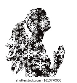 Vector silhouette of snowy profile woman who prays on white background. Symbol of girl in winter with snowflakes.