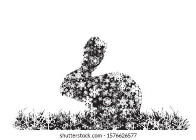 Vector silhouette of snowy rabbit on white background. Symbol of winter, animal, pet, garden, forest, wild, season, snow, cold, snowflake, Christmas, frost.