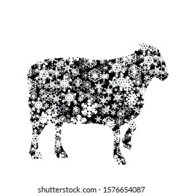 Vector silhouette of snowy sheep on white background. Symbol of winter, farm, breeding, garden, animal, season, snow, cold, snowflake, Christmas, frost.