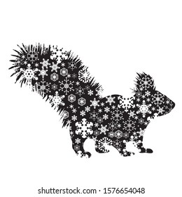 Vector silhouette of snowy squirrel on white background. Symbol of winter, animal, forest, wild, park, garden, season, snow, cold, snowflake, Christmas, frost.