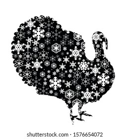 Vector silhouette of snowy turkey on white background. Symbol of winter, farm, bird, breeding, garden, animal, season, snow, cold, snowflake, Christmas, frost.