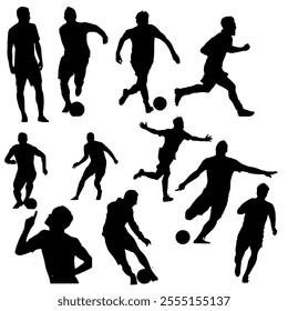 vector silhouette of soccer players, kicking. jumping. goalkeeper. striker. black isolation white background