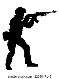 vector silhouette of a soldier in armour with a machine gun. EPS8