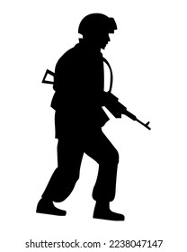 vector silhouette of a soldier in armour with a machine gun. EPS8