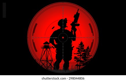 Vector silhouette of a soldier with a gun in the optical sight