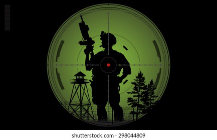 Vector silhouette of a soldier with a gun in the optical sight
