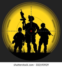 Vector silhouette of a soldier with a gun in the optical sight