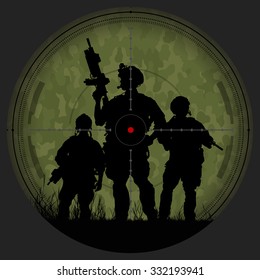 Vector silhouette of a soldier with a gun in the optical sight