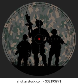 Vector silhouette of a soldier with a gun in the optical sight