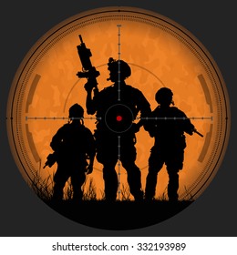 Vector silhouette of a soldier with a gun in the optical sight