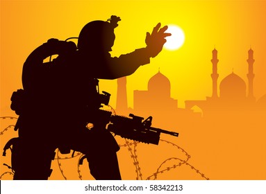 Silueta vectorial de un soldado con mezquitas en el fondo