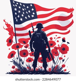 Vector silhouette of a soldier with red poppies for Memorial Day