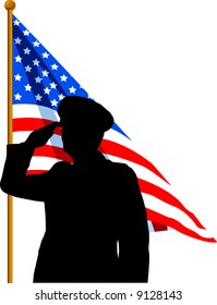 Vector silhouette of a Soldier saluting the American Flag