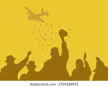 Silueta de Vector de soldados celebrando mientras una aeronave vuela por encima, liberando confeti. Ilustración simbólica que representa la victoria, la celebración, la unidad y el orgullo militar.