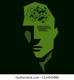 vector silhouette of a soldier's head with traumatic thoughts in his head. war veteran has depression and mental health and emotional problems, post-traumatic stress disorder, veteran rehabilitation